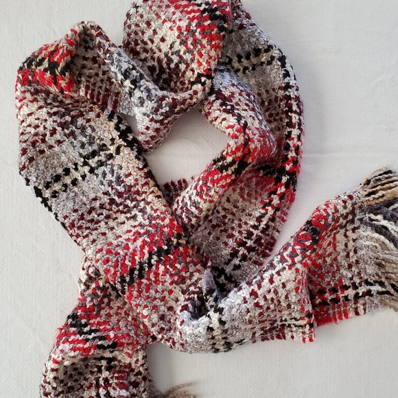 V Fraas Scarf Red Gray Taupe Soft Woven Plaid - Picture 5 of 9